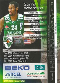 2011-12 Sereal Beko Lithuania Basketball League (LKL) #ZAL-012 Sonny Weems Back