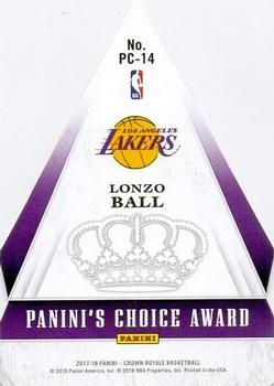 2017-18 Panini Crown Royale - Panini's Choice #PC-14 Lonzo Ball Back