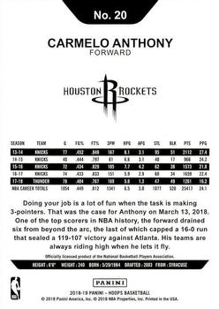 2018-19 Hoops #20 Carmelo Anthony Back
