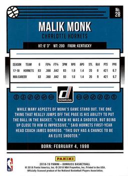 2018-19 Donruss #28 Malik Monk Back