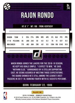 2018-19 Donruss #74 Rajon Rondo Back