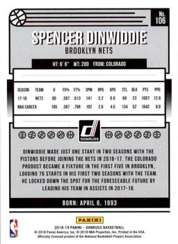2018-19 Donruss #106 Spencer Dinwiddie Back