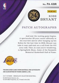 2017-18 Panini Immaculate Collection - Patch Autographs #PA-KBR Kobe Bryant Back
