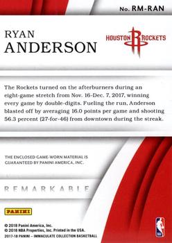 2017-18 Panini Immaculate Collection - Remarkable Memorabilia #RM-RAN Ryan Anderson Back