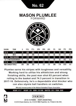 2018-19 Hoops - Blue #62 Mason Plumlee Back