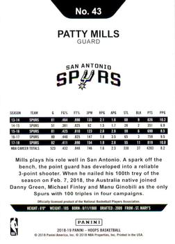 2018-19 Hoops - Silver #43 Patty Mills Back
