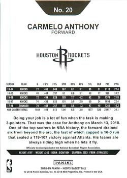 2018-19 Hoops Winter #20 Carmelo Anthony Back