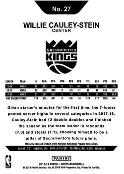 2018-19 Hoops Winter #27 Willie Cauley-Stein Back