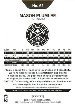 2018-19 Hoops Winter #62 Mason Plumlee Back