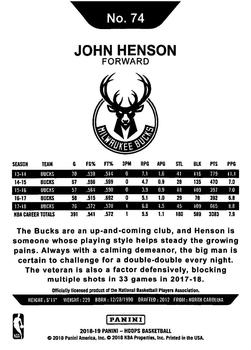 2018-19 Hoops Winter #74 John Henson Back