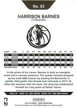2018-19 Hoops Winter #83 Harrison Barnes Back
