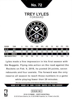 2018-19 Hoops - Yellow #72 Trey Lyles Back
