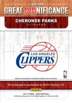 2018-19 Hoops - Great SIGnificance #GS-CPK Cherokee Parks Back