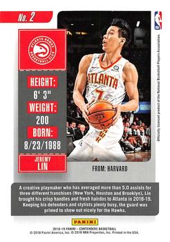 2018-19 Panini Contenders #2 Jeremy Lin Back