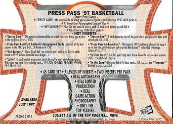 1997 Press Pass - Net Burners Promo #3 Jacque Vaughn Back