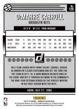2018-19 Donruss - Holo Green and Yellow Laser #126 DeMarre Carroll Back