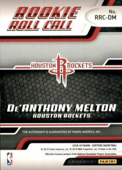 2018-19 Panini Certified - Rookie Roll Call #RRC-DM De'Anthony Melton Back