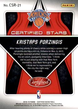 2018-19 Panini Certified - Certified Stars #CSR-21 Kristaps Porzingis Back