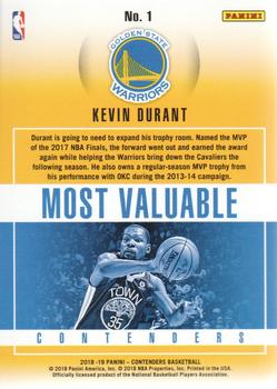 2018-19 Panini Contenders - Most Valuable Contenders #1 Kevin Durant Back