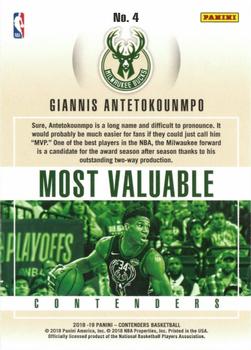 2018-19 Panini Contenders - Most Valuable Contenders #4 Giannis Antetokounmpo Back