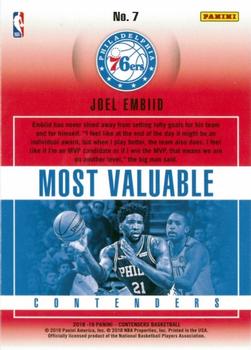 2018-19 Panini Contenders - Most Valuable Contenders #7 Joel Embiid Back