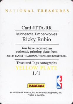 2014-15 Panini National Treasures - Treasured Tags Autographs - Printing Plate Yellow #16 Ricky Rubio Back