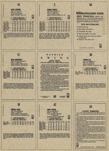 1991-92 Fleer Wheaties - 9-card Collector Sheets #3 Alvin Robertson / Robert Parish / Mark Aguirre / Tyrone Hill / Patrick Ewing / Brad Daugherty / Lionel Simmons / Terry Porter / Vernell Coles Back