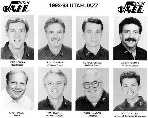 1992-93 Utah Jazz 8x10 #NNO Jerry Sloan / Phil Johnson / Gordon Chiesa / David Fredman / Larry Miller / Tim Howells / Frank Layden / Scott Layden Front