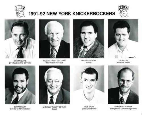 1991-92 New York Knicks Team Issue #NNO Dick McGuire / Red Holzman / Mike Saunders / Tim Walsh / Ed Tapscott / Fuzzy Levane / Bob Salmi / Greg Brittenham Front