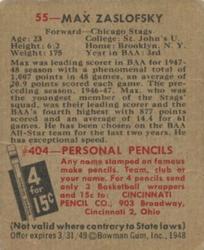 1948 Bowman #55 Max Zaslofsky Back