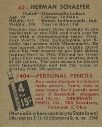 1948 Bowman #62 Herman Schaefer Back