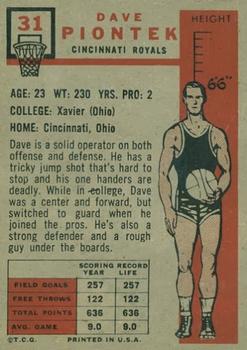 1957-58 Topps #31 Dave Piontek Back
