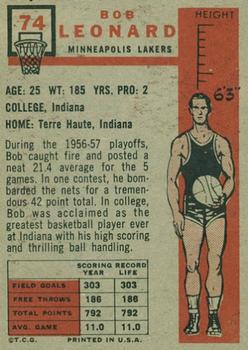 1957-58 Topps #74 Bob Leonard Back