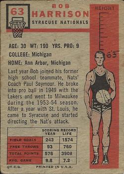 1957-58 Topps #63 Bob Harrison Back