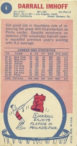 1969-70 Topps #4 Darrall Imhoff Back