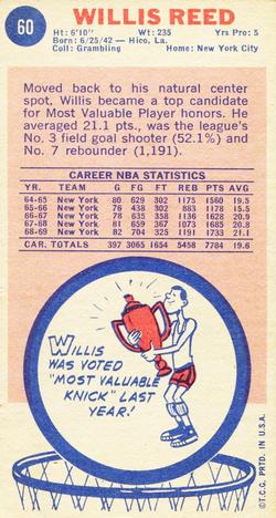 1969-70 Topps #60 Willis Reed Back
