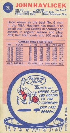 1969-70 Topps #20 John Havlicek Back