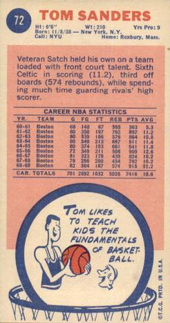 1969-70 Topps #72 Tom Sanders Back
