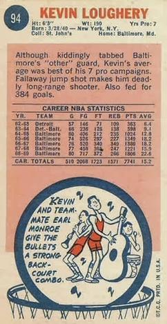 1969-70 Topps #94 Kevin Loughery Back