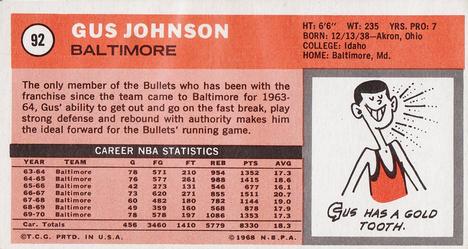 1970-71 Topps #92 Gus Johnson Back