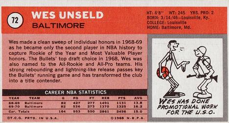 1970-71 Topps #72 Wes Unseld Back