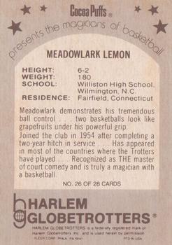 1971 Fleer Cocoa Puffs Harlem Globetrotters #26 Meadowlark Lemon Back
