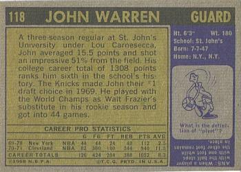 1971-72 Topps #118 John Warren Back