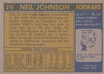 1971-72 Topps #216 Neil Johnson Back