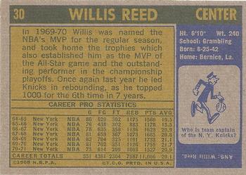 1971-72 Topps #30 Willis Reed Back