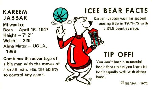1972 Icee Bear #NNO Kareem Abdul-Jabbar Back