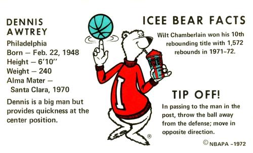 1972 Icee Bear #NNO Dennis Awtrey Back