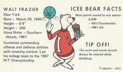 1972 Icee Bear #NNO Walt Frazier Back