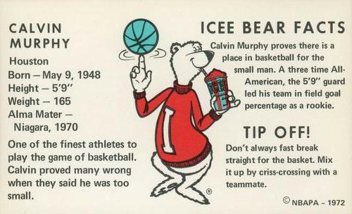 1972 Icee Bear #NNO Calvin Murphy Back