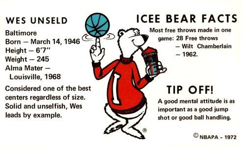 1972 Icee Bear #NNO Wes Unseld Back